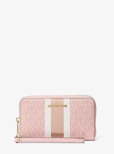 Michael Kors Outlet Jet Set Large Metallic Signature Logo Stripe Smartphone Wallet In Pink