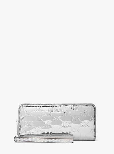 Michael Kors Outlet Jet Set Large Patent Logo Debossed Continental Wallet In Silver