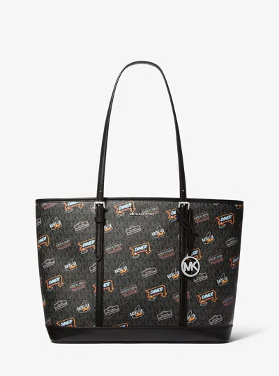 Michael Kors Outlet Jet Set Large Printed Signature Logo Tote Bag In Black