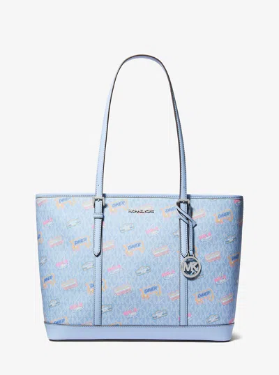 Michael Kors Outlet Jet Set Large Printed Signature Logo Tote Bag In Blue
