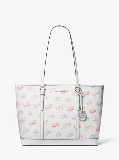 Michael Kors Outlet Jet Set Large Printed Signature Logo Tote Bag In White
