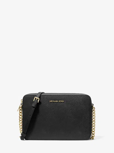 Michael Kors Outlet Jet Set Large Saffiano Leather Crossbody Bag In Black