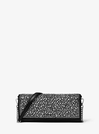 Michael Kors Outlet Jet Set Medium Embellished Metallic Leather Clutch In Black