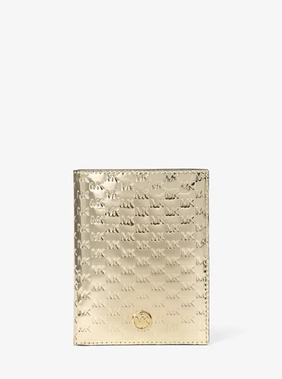 Michael Kors Outlet Jet Set Medium Metallic Logo Debossed Passport Wallet In Gold