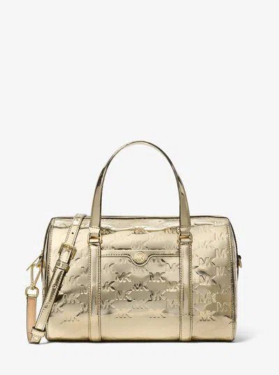 Michael Kors Outlet Jet Set Medium Metallic Logo Debossed Satchel In Gold