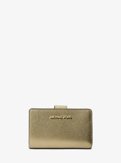 Michael Kors Outlet Jet Set Medium Metallic Saffiano Leather Bi-fold Wallet In Green