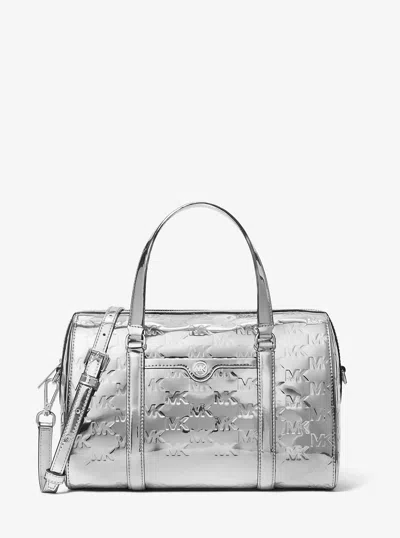 Michael Kors Outlet Jet Set Medium Patent Logo Debossed Duffel Crossbody Bag In Silver