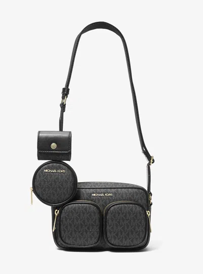Michael Kors Outlet Jet Set Medium Signature Logo Crossbody Bag With Case For Apple Airpods Pro In Black