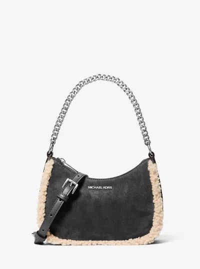 Michael Kors Outlet Jet Set Small Suede And Faux Shearling Convertible Crossbody Bag In Black