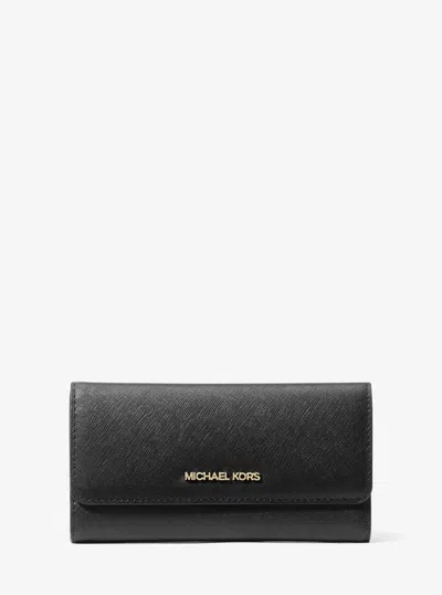 Michael Kors Outlet Jet Set Travel Crossgrain Leather Tri-fold Wallet In Black