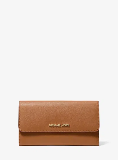 Michael Kors Outlet Jet Set Travel Crossgrain Leather Tri-fold Wallet In Brown