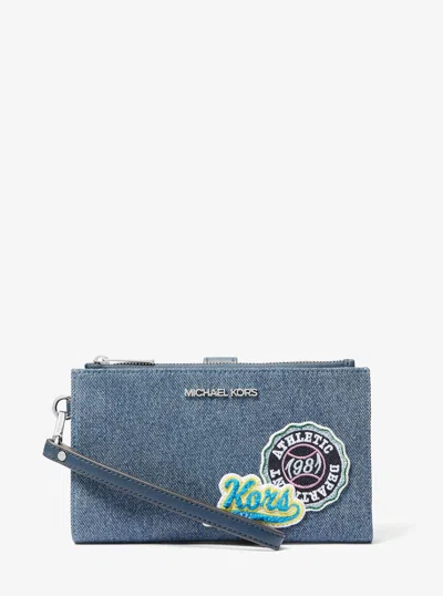 Michael Kors Outlet Jet Set Travel Embellished Denim Wristlet In Blue