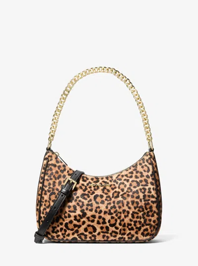 Michael Kors Outlet Jet Set Travel Large Leopard Print Calf Hair Convertible Pochette In Brown