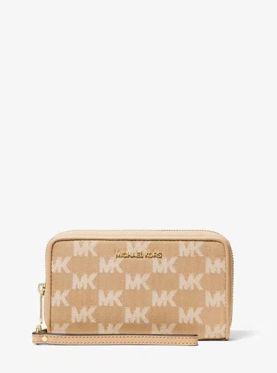Michael Kors Outlet Jet Set Travel Large Logo Jacquard Denim Smartphone Wallet In Brown