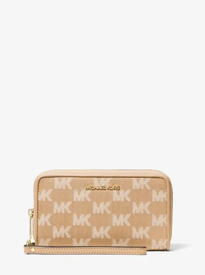 Michael Kors Outlet Jet Set Travel Large Logo Jacquard Denim Smartphone Wallet In Brown