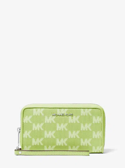 Michael Kors Outlet Jet Set Travel Large Logo Jacquard Denim Smartphone Wristlet In Green