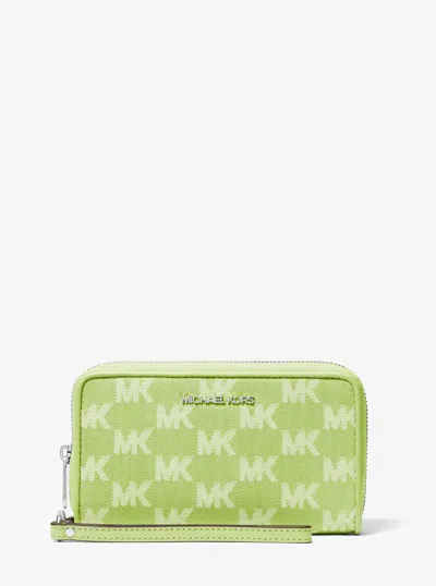 Michael Kors Outlet Jet Set Travel Large Logo Jacquard Denim Smartphone Wristlet In Green