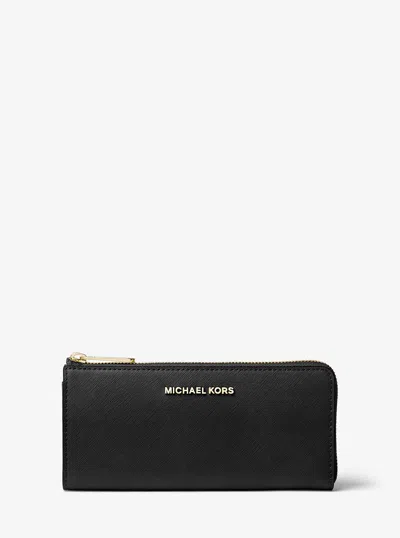 Michael Kors Outlet Jet Set Travel Large Saffiano Leather Quarter-zip Wallet In Black