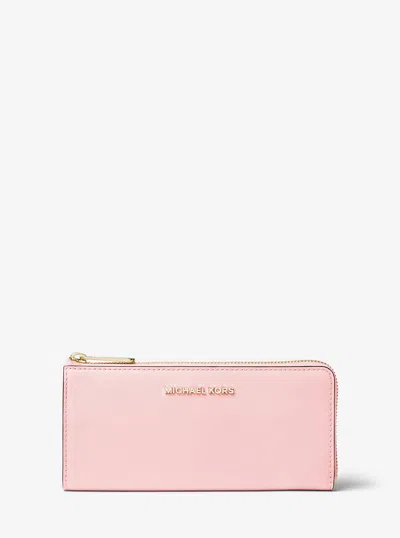 Michael Kors Outlet Jet Set Travel Large Saffiano Leather Quarter-zip Wallet In Pink