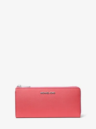 Michael Kors Outlet Jet Set Travel Large Saffiano Leather Quarter-zip Wallet In Pink