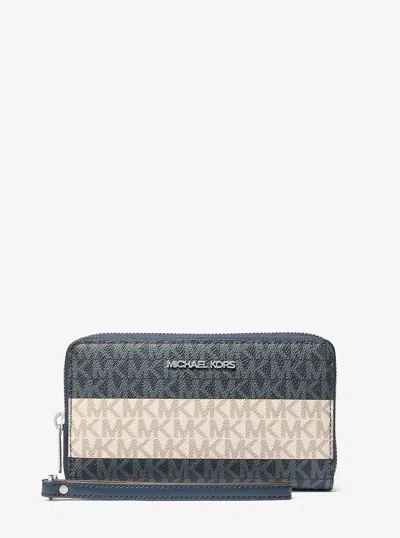 Michael Kors Outlet Jet Set Travel Large Striped Signature Logo Smartphone Wallet In Blue