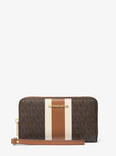 Michael Kors Outlet Jet Set Travel Large Striped Signature Logo Smartphone Wallet In Brown