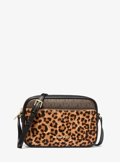 Michael Kors Outlet Jet Set Travel Leopard Print Calf Hair And Signature Logo Camera Crossbody Bag In Brown