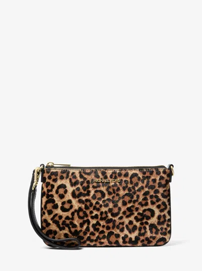 Michael Kors Outlet Jet Set Travel Leopard Print Calf Hair Wristlet In Brown