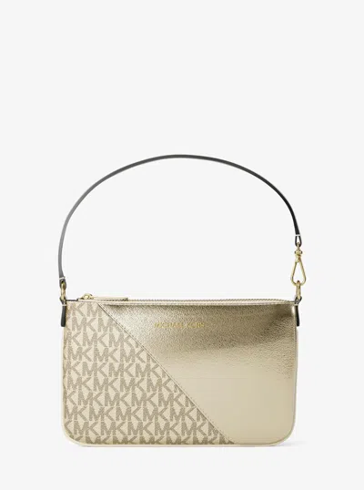 Michael Kors Outlet Jet Set Travel Metallic And Signature Logo Wristlet In Gold