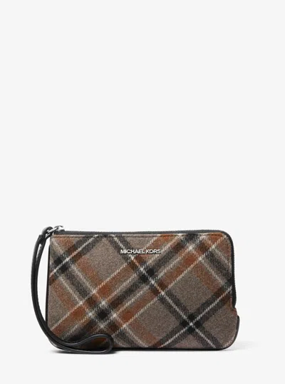 Michael Kors Outlet Jet Set Travel Plaid Print Wool Wristlet In Black