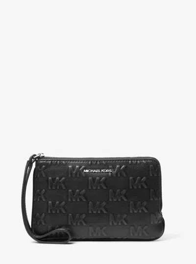Michael Kors Outlet Jet Set Travel Small Burnished Logo Embossed Wristlet In Black