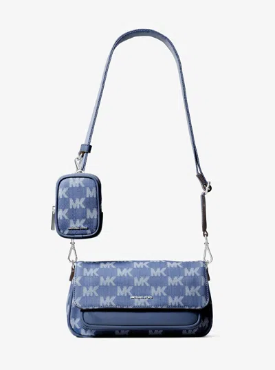 Michael Kors Outlet Jet Set Travel Small Logo Jacquard Denim Crossbody Bag With Pouch In Blue