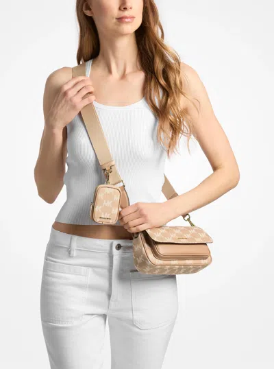 Michael Kors Outlet Jet Set Travel Small Logo Jacquard Denim Crossbody Bag With Pouch In Brown