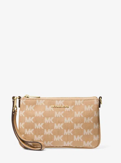 Michael Kors Outlet Jet Set Travel Small Logo Jacquard Denim Wristlet In Brown