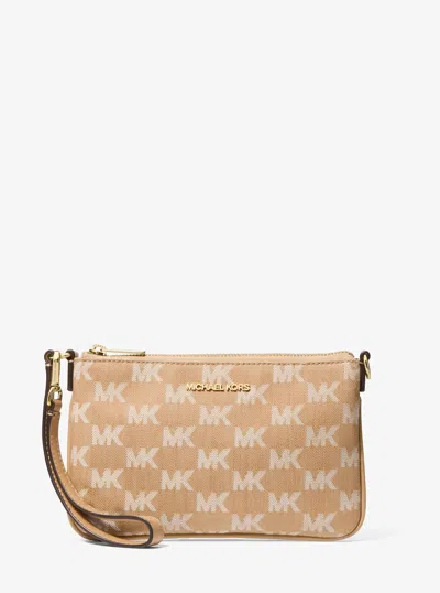 Michael Kors Outlet Jet Set Travel Small Logo Jacquard Denim Wristlet In Brown