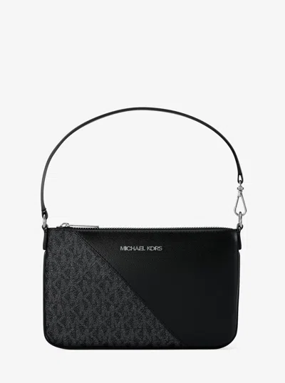 Michael Kors Outlet Jet Set Travel Small Signature Logo And Smooth Wristlet In Black