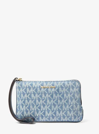 Michael Kors Outlet Jet Set Travel Small Signature Logo Print Denim Wristlet In Blue