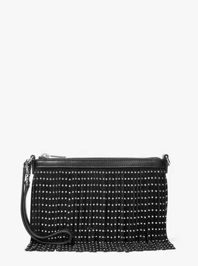 Michael Kors Outlet Jet Set Travel Small Studded Fringed Polyester Microsuede Wristlet In Black
