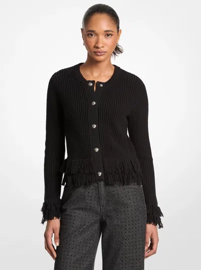 Michael Kors Outlet Knit Fringed Cardigan In Black