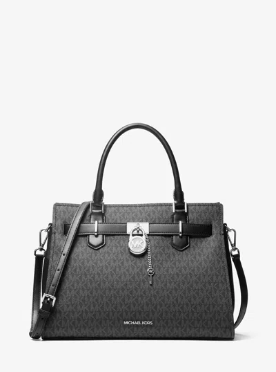 Michael Kors Outlet Landon Medium Signature Logo Satchel In Black