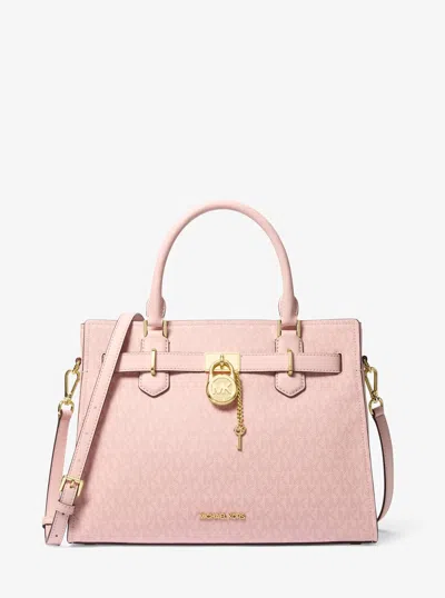 Michael Kors Outlet Landon Medium Signature Logo Satchel In Pink