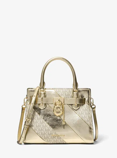 Michael Kors Outlet Landon Small Metallic And Signature Logo Satchel In Gold