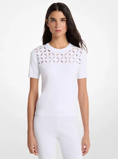 Michael Kors Outlet Laser Cut Stretch Knit Top In White