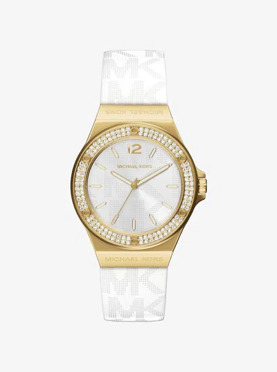 Michael Kors Outlet Lennox Pavé Gold-tone And Logo Silicone Strap Watch In White