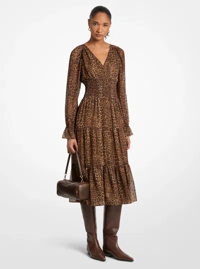 Michael Kors Outlet Leopard Print Georgette Midi Dress In Multi