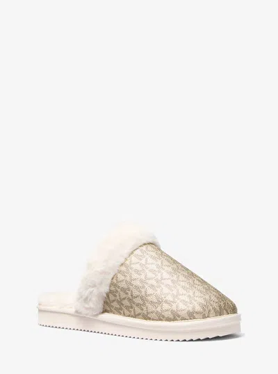 Michael Kors Outlet Liddy Metallic Signature Logo And Faux Fur Slipper In Gold