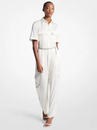 Michael Kors Outlet Logo Jacquard Satin Belted Jumpsuit In Nude
