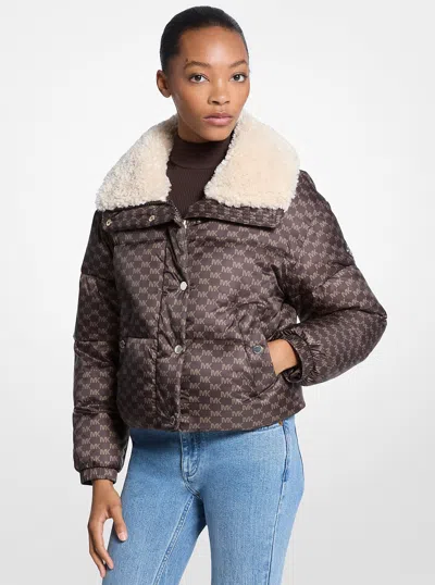 Michael Kors Outlet Logo Print And Sherpa Puffer Jacket In Brown