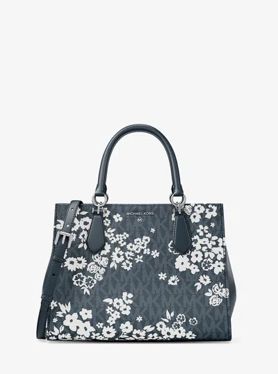 Michael Kors Outlet Marilyn Medium Printed Signature Logo Satchel In Blue