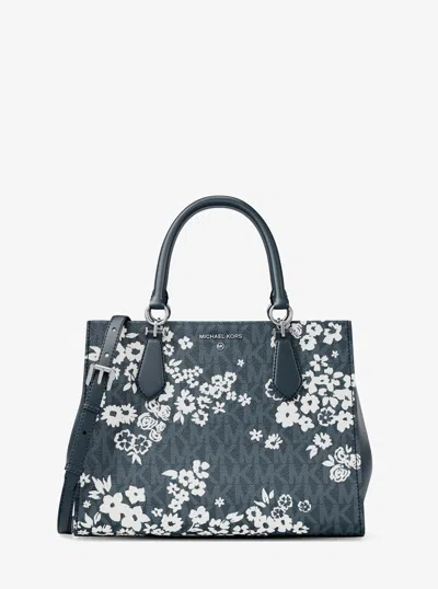 Michael Kors Outlet Marilyn Medium Printed Signature Logo Satchel In Blue